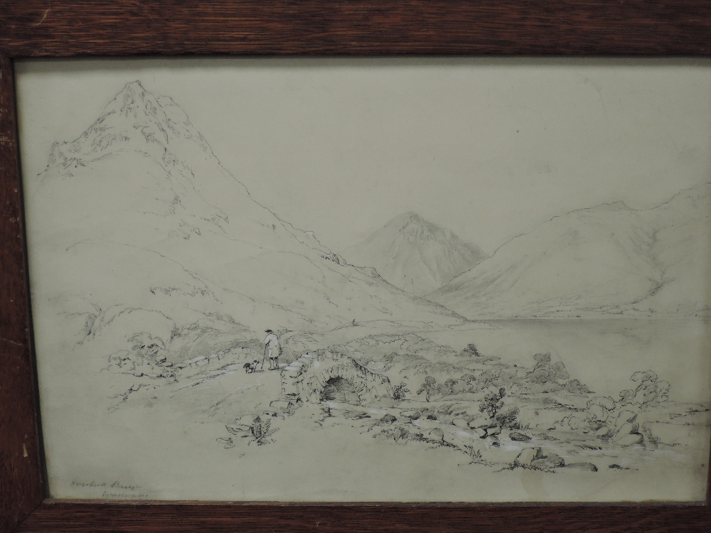 (19th century), a pencil sketch, Overland Bridge Wastwater, 24 x 35cm, golden oak framed and glazed,