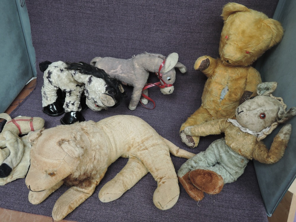 Six mid 20th century straw filled and similar Soft Toys, Yellow plush hand stitched Lion and Jointed