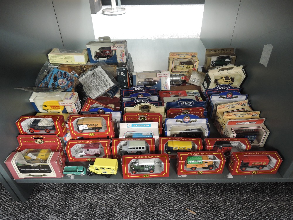 A shelf of modern diecasts including Lledo, Cameo, Trackside, Tetley, Days Gone etc, all boxed, 50+