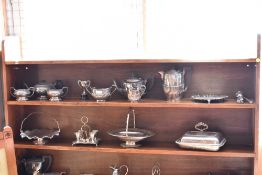 A selection of silver plated wares, to include four piece teaset, spoons entree dish.