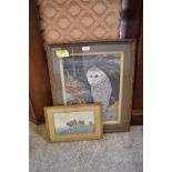 A 20th century collage depicting a perched owl, mounted, framed and glazed and sold together with