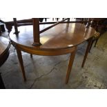 An Edwardian inlaid mahogany D end dining table with single central leaf. 75CM. X 153CM.