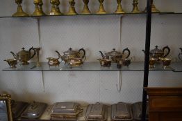 A selection of silver plated tea sets, condiment sets, to include a small selection of glasswares.