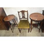 Two Edwardian mahogany occasional tables sold together with a Victorian mahogany single chair.