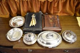 A selection of silver plated wares, including cutlery, entree dish etc