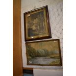 An early 20th century river scene watercolour, unsigned. Sold together with a Victorian engraving, a
