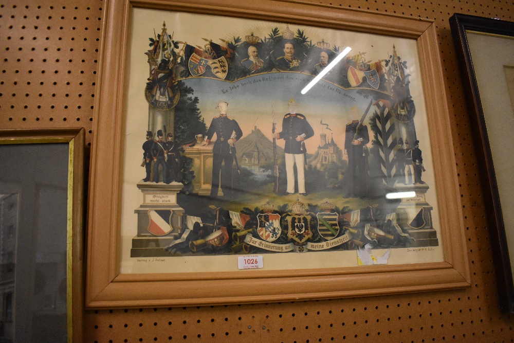 An early 20th century German coloured military print, decorated with various military figures and