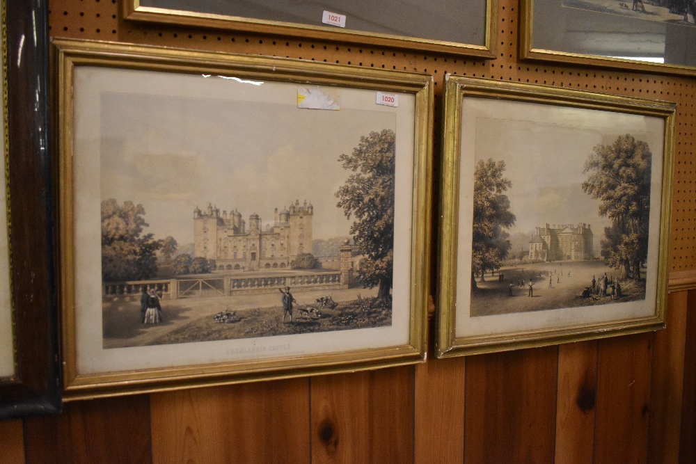 Two 19th century colour prints, depicting country estates, Drumlanrig castle and Dalkeith house,