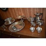 A selection of silver plated wares to include four piece teaset , rose bowl salver, pedestal bowl