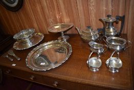A selection of silver plated wares to include four piece teaset , rose bowl salver, pedestal bowl