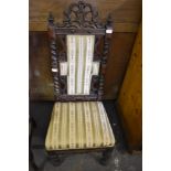 Victorian carved oak upholstered hall chair with carved and pierced crest rail, barley twist columns