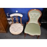 A late Victorian mahogany nursing chair with incised decoration and deep buttoned upholstery, sold
