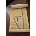 A Japanese hand decorated scroll depicting orchid with bee, seal and character marks, sold