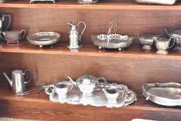 A selection of silver plated wares to include three piece tea sets, fruit baskets.