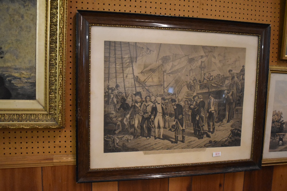 A Victorian monochrome print, entitled Nelson on board the San Joseph, within simulated rosewood