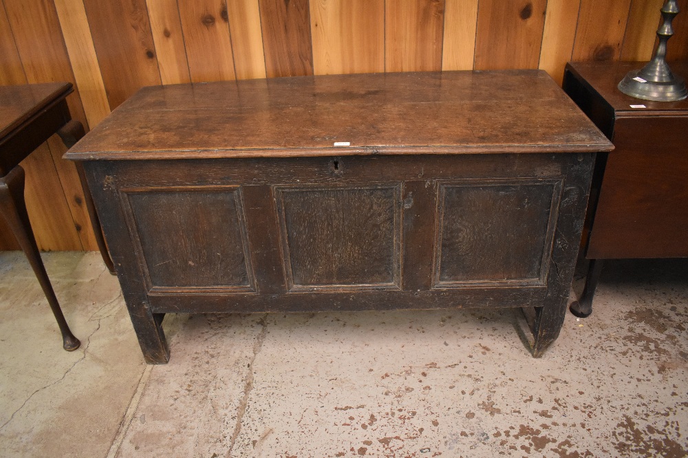 A George III oak three panel coffer, of traditional design. Some adaptations and repairs 71CM x