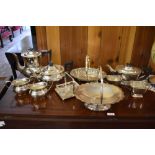 A selection of silver plated wares, including four piece teaset, fruit baskets etc