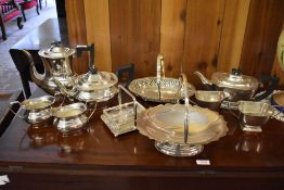 A selection of silver plated wares, including four piece teaset, fruit baskets etc