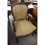 A continental mahogany part upholstered armchair, with scroll moulded decoration. Seat 42CM.