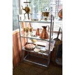 A modern painted metal and glass four tier display 134CM X. 74CM.