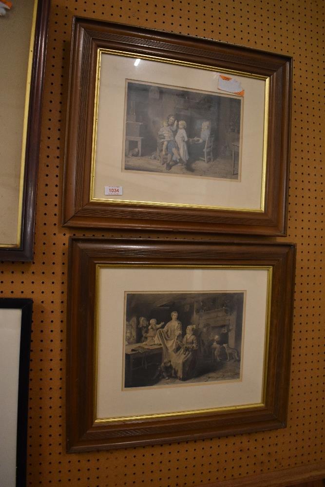 A pair of Victorian engravings, depicting interior family scenes, mounted, framed and glazed.