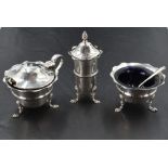 A silver three piece condiment set, of traditional design, marks for Birmingham 1907/08, maker
