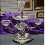 An impressive late Victorian silver plate and etched-glass epergne centrepiece, the fluted and