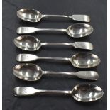 A set of six Victorian silver fiddle pattern tea spoons, with pip reverse and monogrammed with the