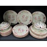 A collection of Royal Doulton dinner service having vibrant floral transfer pattern in pink. Blue,