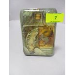 A lacquered cigarette case or similar having fantasy mouse and elf decoration to front.