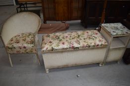 Three pieces of vintage woven fibre comprising bedding box, bedside cabinet and tub chair labelled