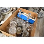 A selection of clear cut glass wares including decanters