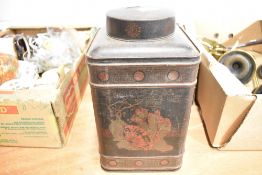 A late Victorian tea tin decorated with Chinese scenes