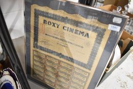 A mid century Roxy cinema share holders certificate