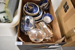 A selection of blue and white ware ceramics and a silver plated water and teapot