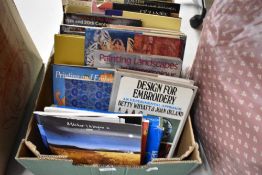 A box of mixed books, predominantly of painting and embroidery interest.