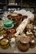 A mixed lot of kitchenalia and vases, to include earthenware jars, trivet, copper basin and more.
