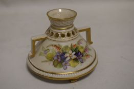 A fine Royal Worcester posy vase, decorated with flowers having Greek handles on four footed base