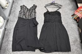Two dresses, around early 1950s, one of gathered chiffon, the other, black wool crepe to pleated