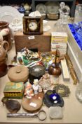 An incredibly varied lot containing vintage brooches, perfume bottles, crinoline half dolls, purses,