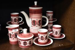 A mid century Rye Monastery Cinque ports pottery part coffee service in a red and white design