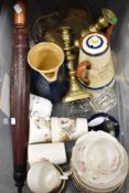 A mixed lot of items, to include brass candlesticks, parasol, cups and saucers, crumb tray and