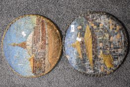 Two early 20th century fibre woven lids having been hand painted with oriental Chinese scenery