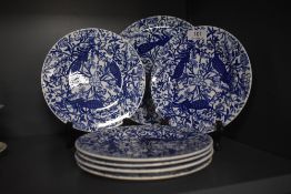 A Royal Crown Derby Peacock pattern set of six cake plates plus one larger plate
