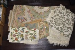 A selection of vintage crewel work throws and similar felted throw.