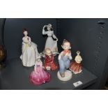 Seven modern figures and figurines including Royal Dux, Royal Doulton and Coalport