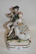 A modern German porcelain lidded container with figures of 17th century couple to lid