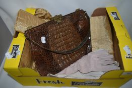 Three pairs of vintage ladies leather gloves and a crocodile skin hand bag