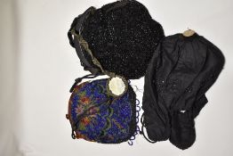 Three Victorian and Edwardian evening bags and a coin purse, black silk drawstring bag with