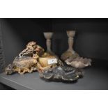 A selection of oriental soapstone carved objects including two candlesticks, two carved bowls and